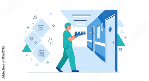 Healthcare worker carrying medical samples down a hospital corridor