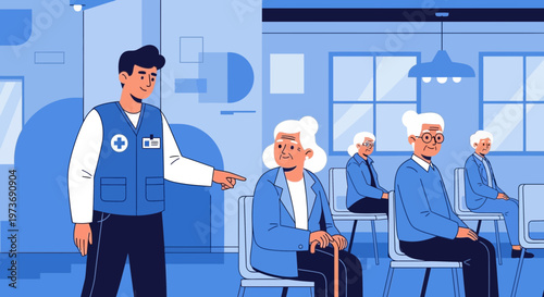 Healthcare worker guides elderly patients in waiting room for medical appointment or vaccination