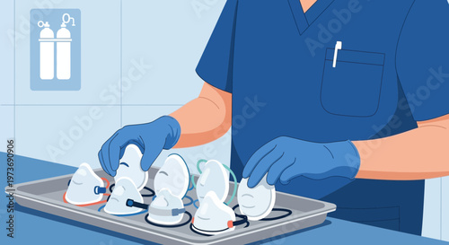 Healthcare worker in blue gloves arranging CPAP masks on a tray, oxygen tanks symbol in background