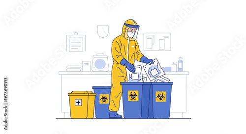 Healthcare worker in hazmat suit disposing of biohazard waste in medical facility