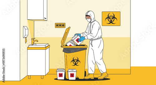Healthcare worker in hazmat suit disposes of biohazard waste in yellow bin