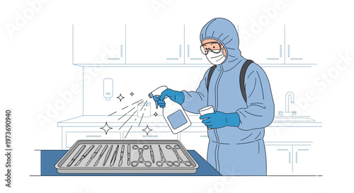 Healthcare worker in hazmat suit sanitizing medical instruments with spray