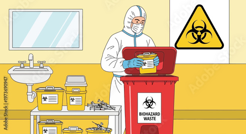 Healthcare worker in hazmat suit disposing of biohazard waste in red bin, medical safety