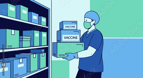 Healthcare worker in mask and gloves carrying boxes of vaccines from storage