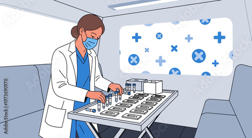 Healthcare worker in protective gear conducts medical tests inside a mobile lab