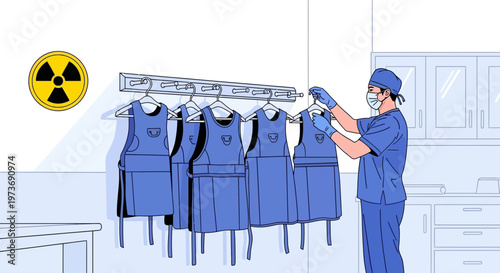 Healthcare worker in protective gear hanging lead aprons near radiation symbol