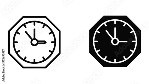 Two contrasting clock designs featuring octagonal borders and differing color schemes.