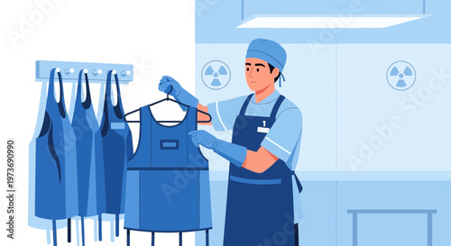 Healthcare worker in protective gear hanging lead apron in sterile room
