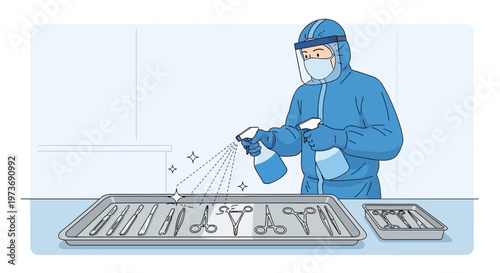 Healthcare worker in protective suit sanitizing medical instruments with spray