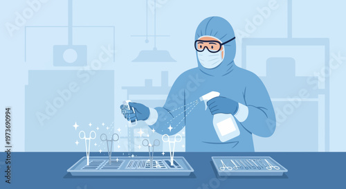 Healthcare worker in protective suit sterilizing medical instruments with spray