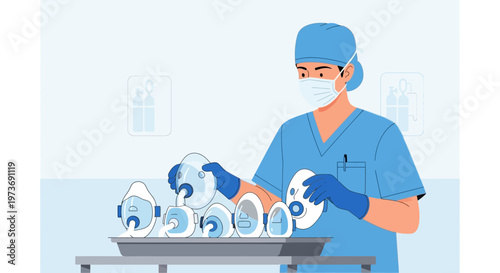 Healthcare worker sanitizing medical masks for reuse, pandemic safety, hospital hygiene