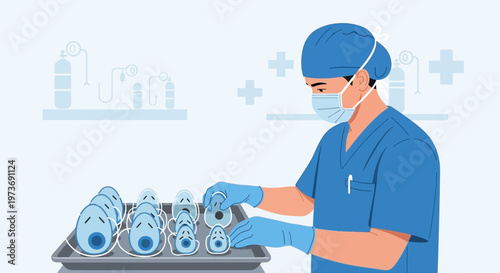 Healthcare worker sterilizing masks, medical supplies, and equipment in a lab