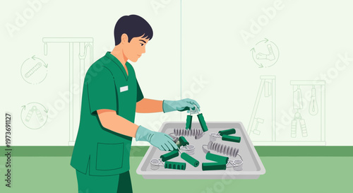 Healthcare worker sorts medical supplies, emphasizing hygiene and sterile processing in a hospital setting.