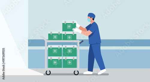 Healthcare worker pushing a cart with medical coolers, hospital corridor