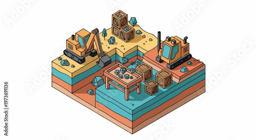Isometric Construction Site with Excavators and Digging Activity.