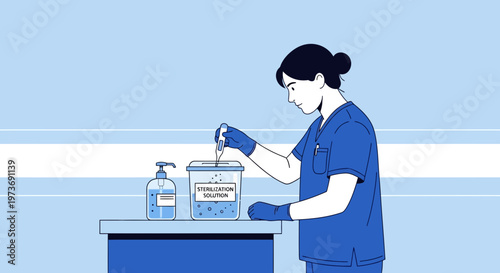 Healthcare worker sterilizing medical instruments in blue liquid solution