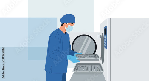 Healthcare worker sterilizing medical instruments in an autoclave in a clean room