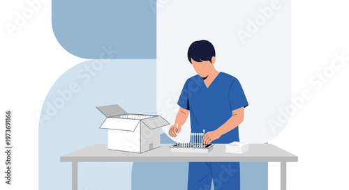 Healthcare worker unpacking medical supplies, laboratory equipment, and vials from a box
