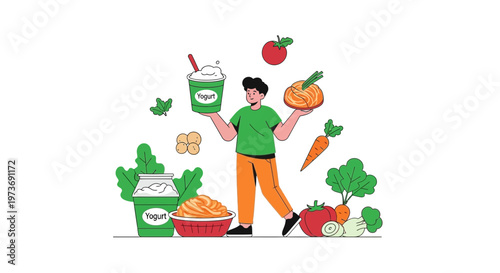 Healthy Eating Concept: Man Holding Yogurt and Vegetables, Surrounded by Fresh Produce