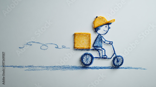 Child crayon drawing delivery boy blue line art yellow cap cargo box bicycle courier playful doodle kid art style shipping concept
