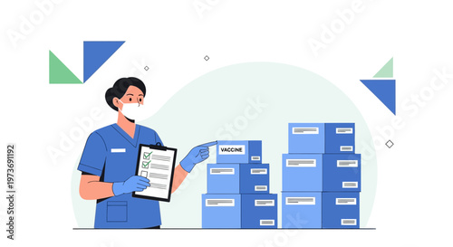 Healthcare worker with vaccine boxes and checklist, vaccination campaign concept