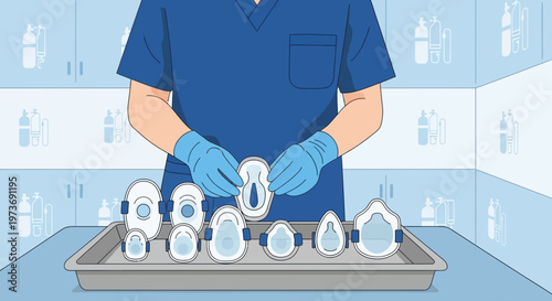 Healthcare worker with various face masks, protective equipment, medical supplies