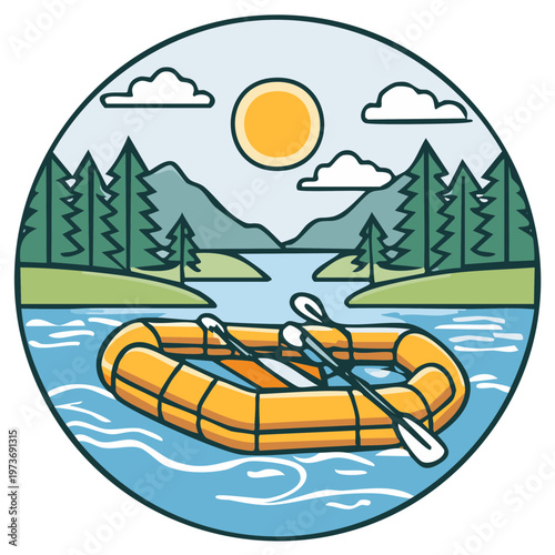 Round illustration of a raft on a river with mountains and trees