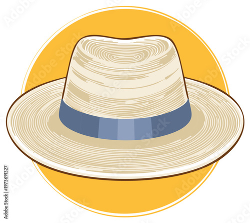 Illustration of a straw fedora hat with a blue band inside a yellow circle.