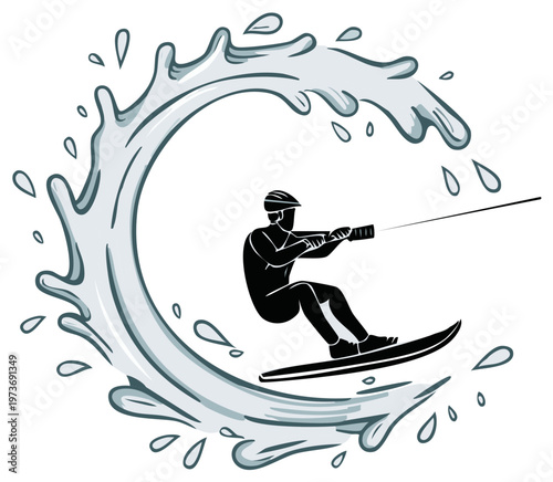 Silhouette of a person wakeboarding through a stylized breaking wave on a sunny day