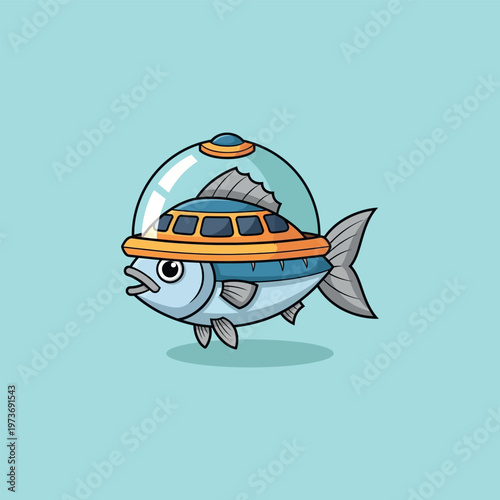 Cartoon fish in bubble vehicle.