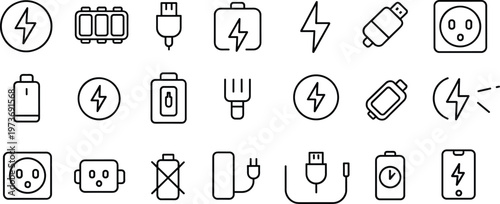 Comprehensive Collection of Twenty One Black Line Charging Icons Featuring Battery Status Power Plugs Electric Sockets Lightning Bolts USB Cables and Energy Connectivity Symbols