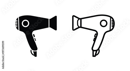 Two hair dryers are depicted in contrasting styles both shown as a silhouette