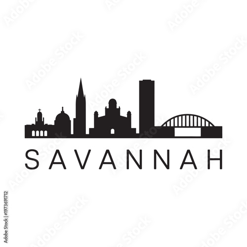 Savannah skyline silhouette illustration with the city name prominently displayed