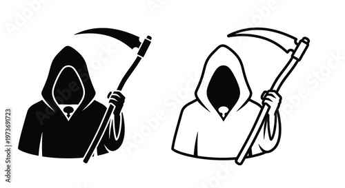 Two depictions of the grim reaper with scythes a stark black silhouette
