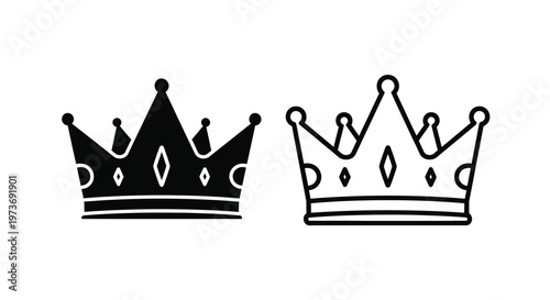 Two ornate royal crowns depicted in a striking black outline silhouette