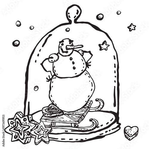 Happy cartoon snowman on sleigh inside glass dome