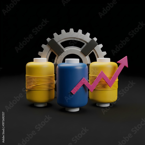 Industrial growth, mechanical gears, colorful cylinders, rising graph