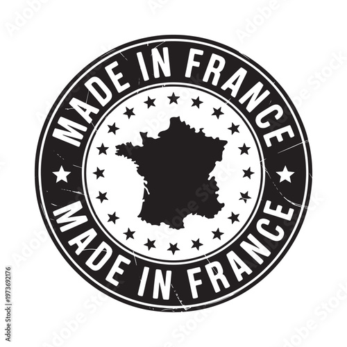 A circular black stamp displaying made in france and a map of france
