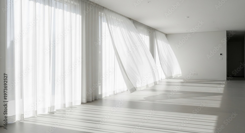 Fototapeta premium Bright Room with Flowing White Curtains and Sunlight Shadows on Floor