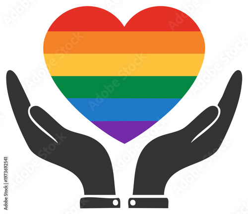 Two hands holding a rainbow heart symbolizing love and support for LGBTQ+ community
