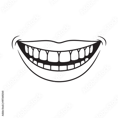 A stark black and white illustration of a wide toothy grinning mouth