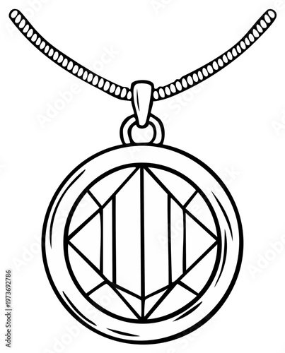 Detailed drawing of a pendant necklace with an intricate geometrical design and chain