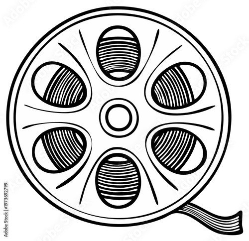 Retro film reel with striped film inside, vintage cinematic equipment illustration, black and white line art