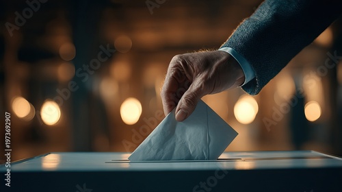 Close-up of a hand carefully inserting a paper ballot into a white voting box at a polling station. AI generated image