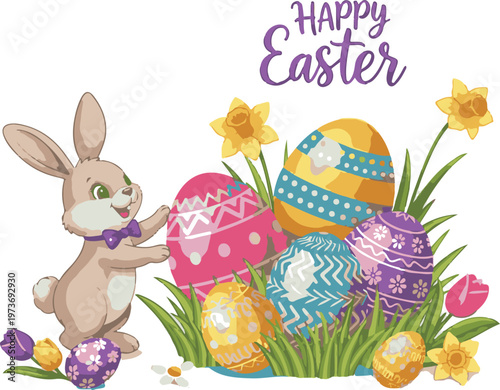 Cute Easter Bunny with Colorful Decorated Eggs and Spring Flowers Vector Illustration