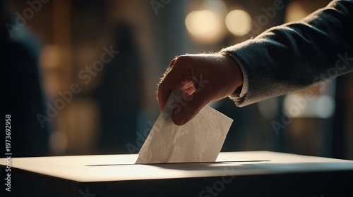 Close-up of a hand carefully inserting a paper ballot into a white voting box at a polling station. AI generated image