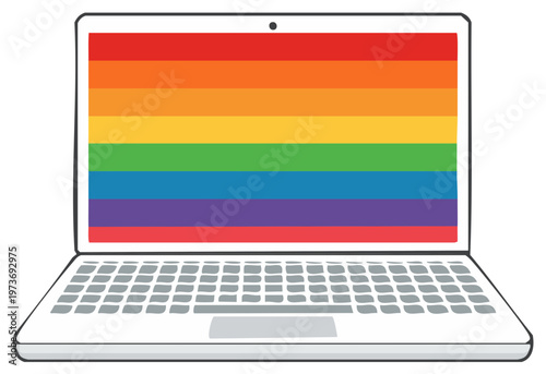 Laptop displaying rainbow flag colors on screen. Pride, LGBTQIA, inclusion concept.