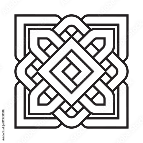 Intricate black and white geometric design featuring nested diamond shapes