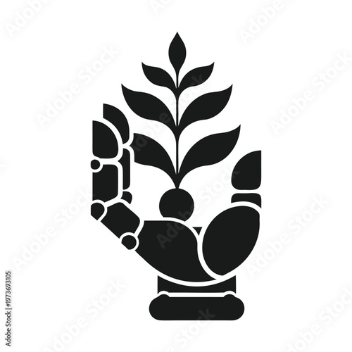 Robotic mechanical hand holding a growing plant sprout icon for futuristic agriculture and environmental technology.
