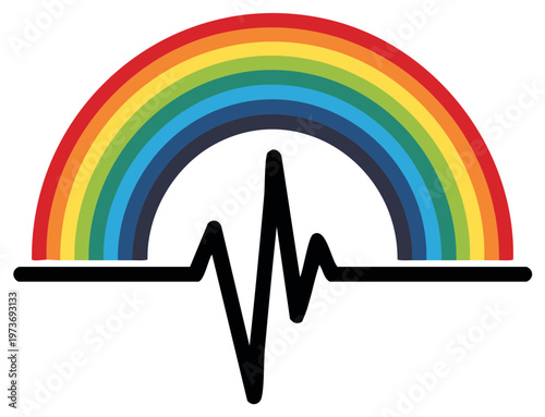 Vibrant rainbow arches over a stark electrocardiogram line representing hope and life